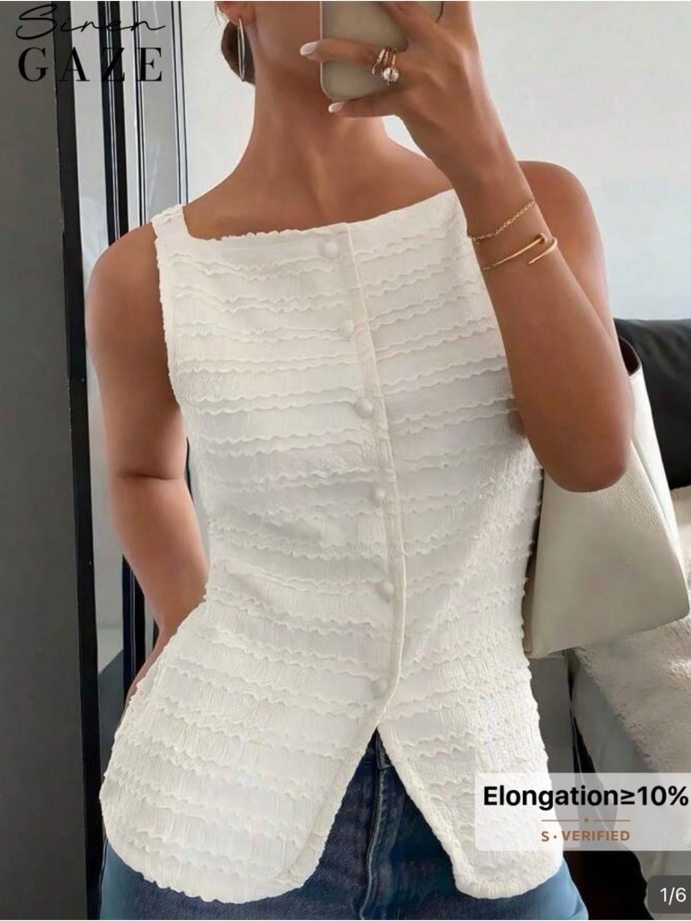 White Textured Sleeveless Button-Front Top